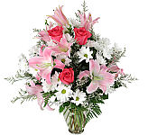 Pretty vase arrangement of pink and white flowers to express sympathy during a time of loss. Same day flower delivery across Canada.