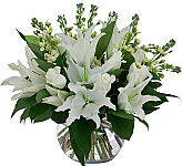 A clear glass bowl is arranged with flawless white lilies, white roses and white stock, with added lush greenery.