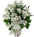 White sympathy flowers for delivery to the family home from Canada Flowers. Same day florist delivery is available to most towns and cities across Canada.