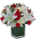 A leaf lined glass cube vase is arranged with lovely white and red flowers to express peace and love for sympathy.
