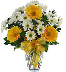 Yellow and white flowers arranged in a vase for sympathy. Flower delivery same day across Canada with Canada Flowers.