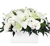 White ceramic rectangle vase of white lilies and carnations for sympathy.
