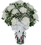 Affordable vase arrangement of nine white carnations with baby's breath, greenery and matching white bow.