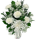 Affordable vase arrangement of six white carnations sent to the family home to let them know they are in your thoughts and prayers.