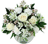 Lovely allwhite sympathy arrangement in a clear glass bowl, featuring roses, alstroemeria and more. Same day delivery to most towns and cities across Canada.
