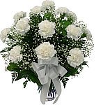 Affordable and thoughtful gift of twelve white carnations in a vase to send a simple expression of sympathy.
