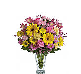 Teleflora's Dazzling Day Bouquet delightful blossoms in shades of pink and yellow are delivered in a gorgeous glass vase.