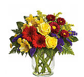 Alstroemeria, roses, asters, carnations and chrysanthemums are delivered in a cheerful clear glass vase. $60 delivered. Canada same day florist delivery.