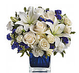 Teleflora's Sapphire Skies Bouquet is a beautiful arrangement of white, cream and bluepurple flowers.
