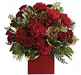 A red bamboo cube vase is arranged with red carnations, maroon miniature carnations, assorted seasonal greens with eucalyptus and holly plus golden pinecones. Delivery across Canada.