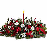 Teleflora Christmas centerpiece in red and white with red taper candle inside hurricane glass globe. Same day flower delivery across Canada.