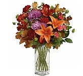 Beautiful Teleflora Fall vase arrangement of fresh, seasonal blooms in orange, red and lavender.
