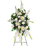 Teleflora's White Promises Funeral Spray. White gladiolus, fuji mums and carnations are arranged in a traditional funeral spray pattern for display on an easel.