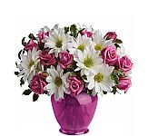 Help them feel better with this pretty fuchsia vase arrangment of pink spray roses and white daisy mums.