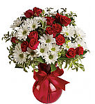 A pretty red vase is arranged with white daisy mums and red spray roses, complemented by mixed greens and red ribbon.
