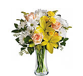 A pretty bouquet of peach and yellow roses with white mums and yellow lilies · for Mother's Day.