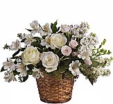 Teleflora's Love's Journey for sympathy gift giving across Canada. White roses, pink spray roses, white stock and alsroemeria are arranged in a natural pot basket.