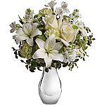 Teleflora's Silver Reflections Bouquet for sympathy gift giving across Canada. White roses, white lilies and white stock are mixed with green button mums and green carnations. Lovely.