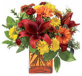 An orange glass cube vase holds autumn's bounty: Asiatic lilies, miniature gerberas, cushion spray mums, miniature carnations and seeded eucalyptus. Featuring same day delivery across Canada.