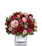 Pink roses and red roses are arranged with a medley of pink, hot pink and red spray roses in a designer Teleflora vase for Valentine's Day.